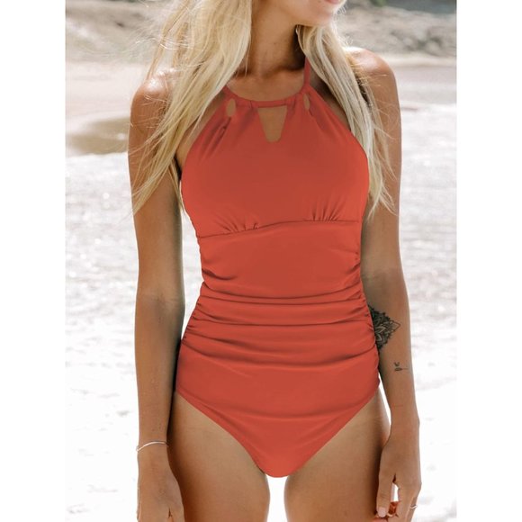 NWT Women's Cutout High Neck Back Tie One Piece Swimsuit - Orange - Large - Picture 4 of 5